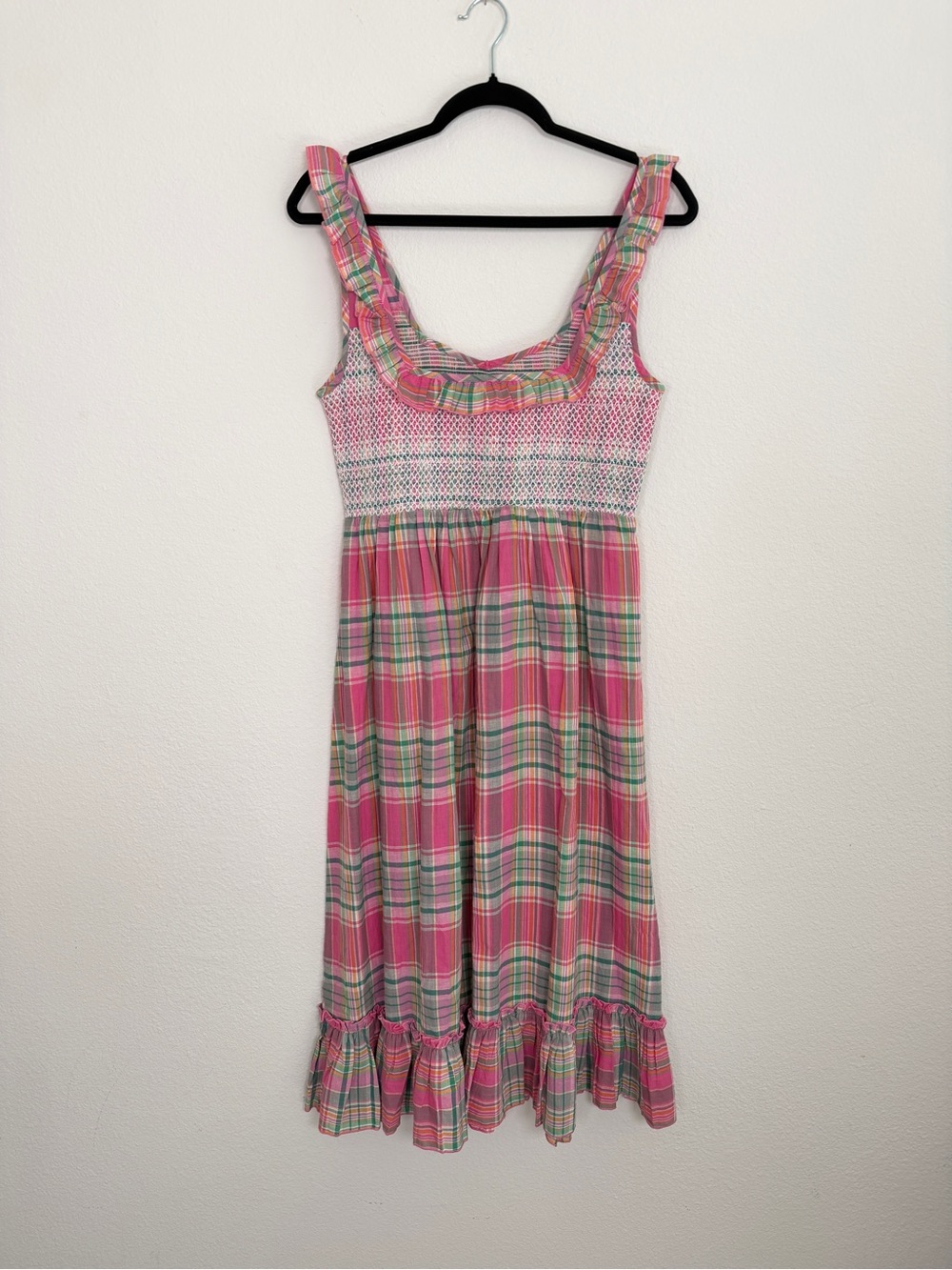 Valencia and Vine Lucy Plaid Smocked Ruffle Midi Dress 100% Cotton Size Large
